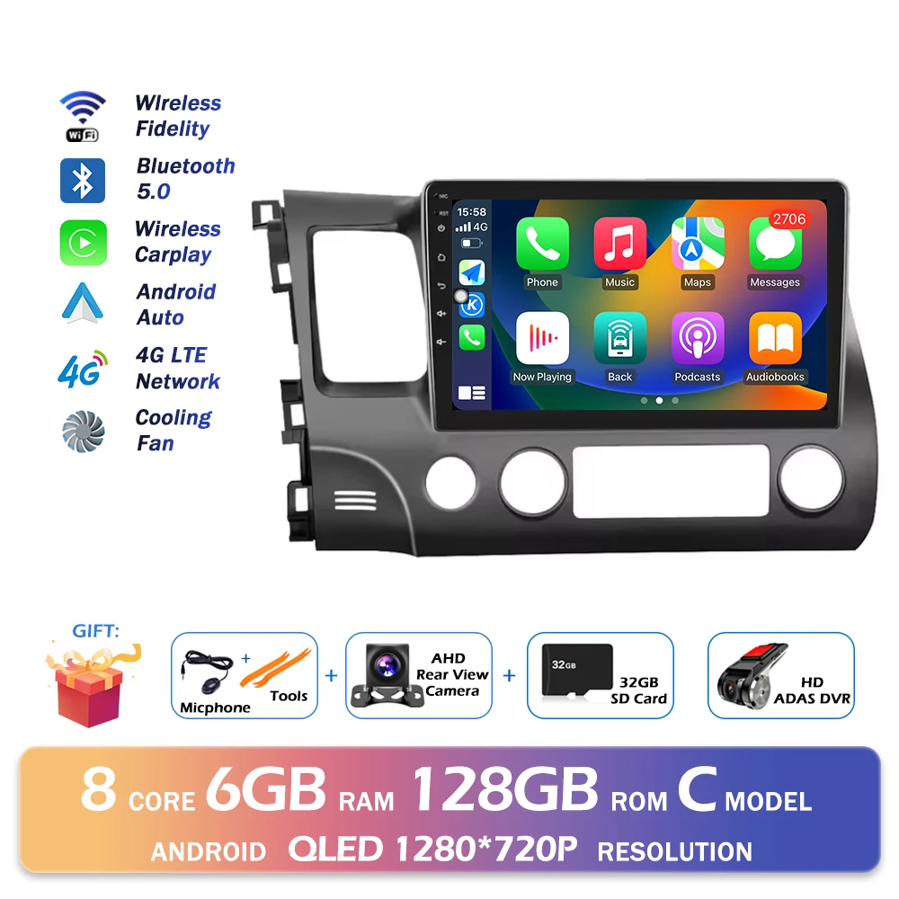 Android 16 Bluetooth Voor Honda Civic 2006-2011 Autoradio Intelligente Multimedia Speler Auto Draadloze CarPlay WIFI 4G DSP GPS