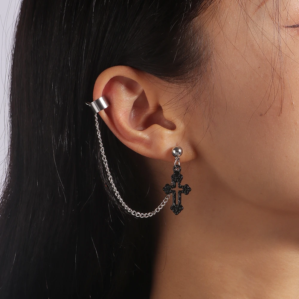 Aihua 1pc Punk schwarz Kreuz Quaste Ohrringe Frauen Clip Ohr stecker Christian Gothic Hip Hop Schmuck Metall kette Ohrring Ohrring – Detail 2