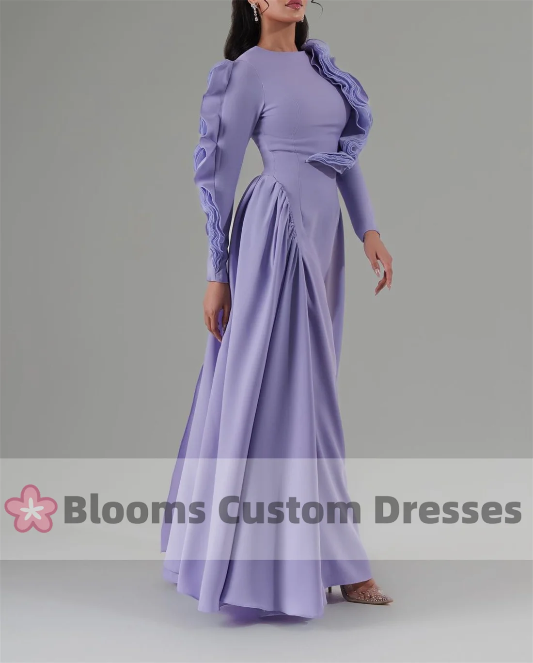 Customized Lilac Ruffles Long Sleeves Elegant Party Dresses For Women 2024 Saudi Formal Occasion Prom Dress Evening Gown