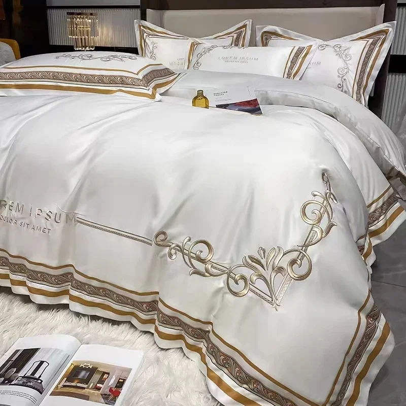 

Summer Ice Silk 4Pcs Set Light Luxury High-grade Bed Sheet Duvet Cover Tencel Cool Feeling Bedding Set Embroidery Home Textile