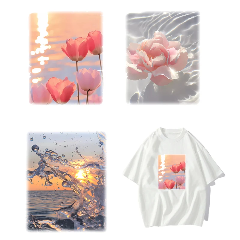 3 types Pink flowers by the seaside DTF Thermo Sticker Decals Heat Transfer Clothes Clothing Crafts Ironing Diy Accessory