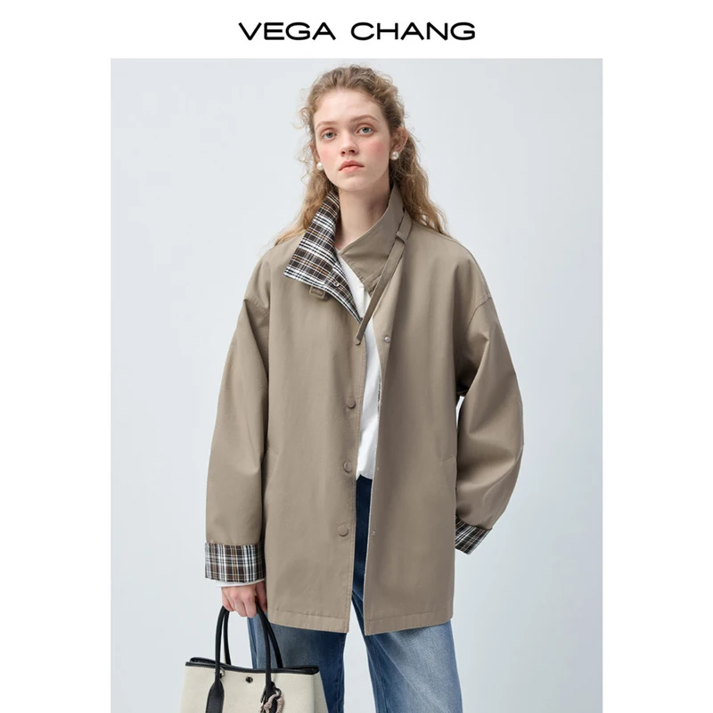 معطف نسائي قصير من Vega Chang للربيع والخريف مصنوع منقوش عليه ألوان فضفاض على الطراز البريطاني