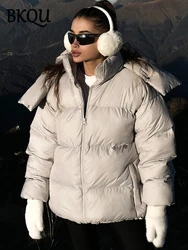 BKQU Hooded Cotton Padded Jackets Women's Thicked Warm  Oversize Zipper Winter Parkas Ladies Fashion Quilted Down Outerwear 2025