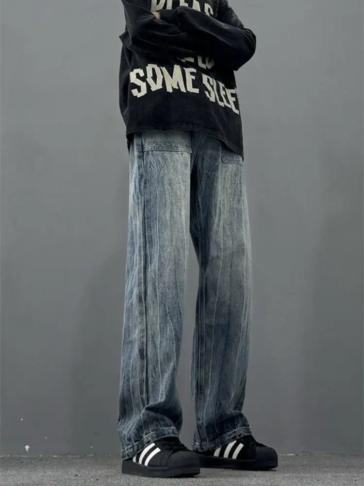 

Waed Cra Denim Jeans Men's Spring Autumn American High Street Vibe Loose Straight Wide Leg Pants Micro Flared Long Trousers