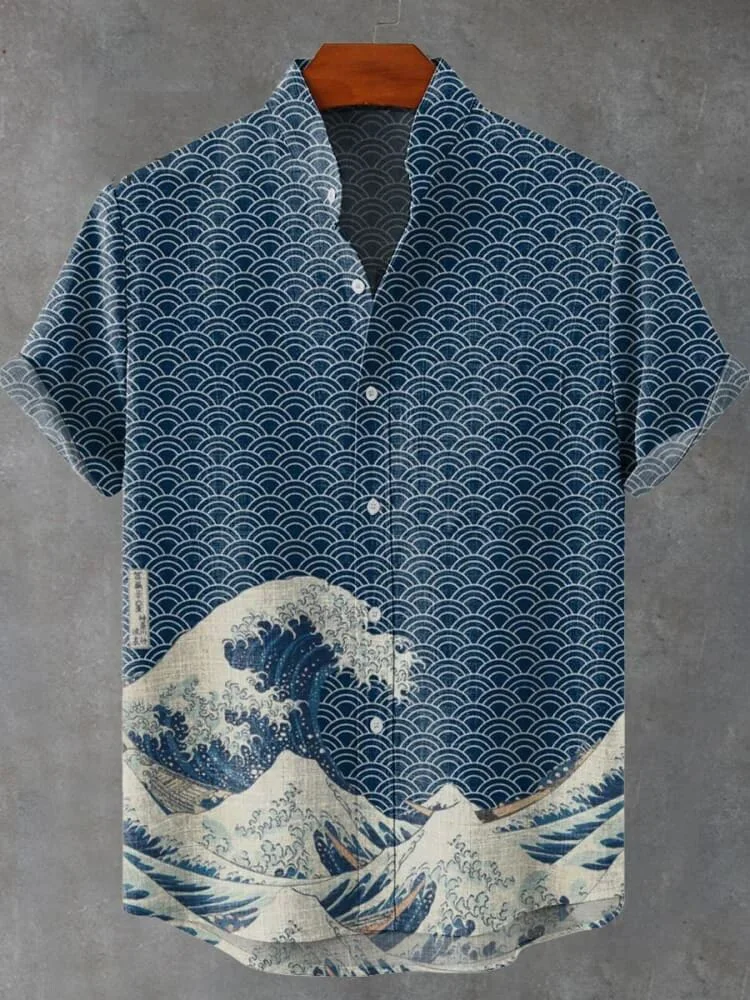 

Men's Moon And Sea Waves Art Print Short Sleeve Shirt Summer Holiday Japanese Party Bohemian Stand Collar Blouse Man Clothings
