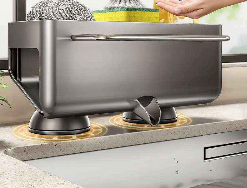 No Drill Suction Cup Kitchen Sink Caddy with Towel Bar Kitchen Sink Sponge Holder Dishcloth Drying Rack Sink Drain Basket