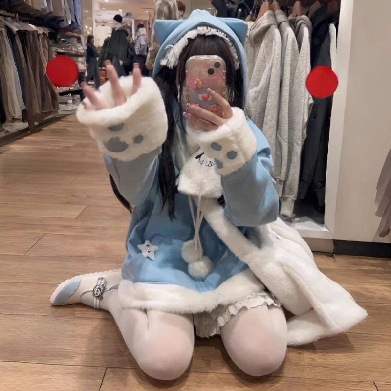Sudadera con capucha y pata de oreja de gato con bordado de Anime japonés para mujer, abrigo de lana Kawaill dulce, chaqueta de moda Harajuku Y2k para invierno, nueva