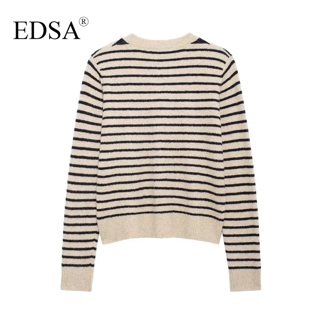 EDSA Women Striped Knit Cardigan O-neck Long Sleeves Ribbed Trims with Golden Button Casual Sweater Coat