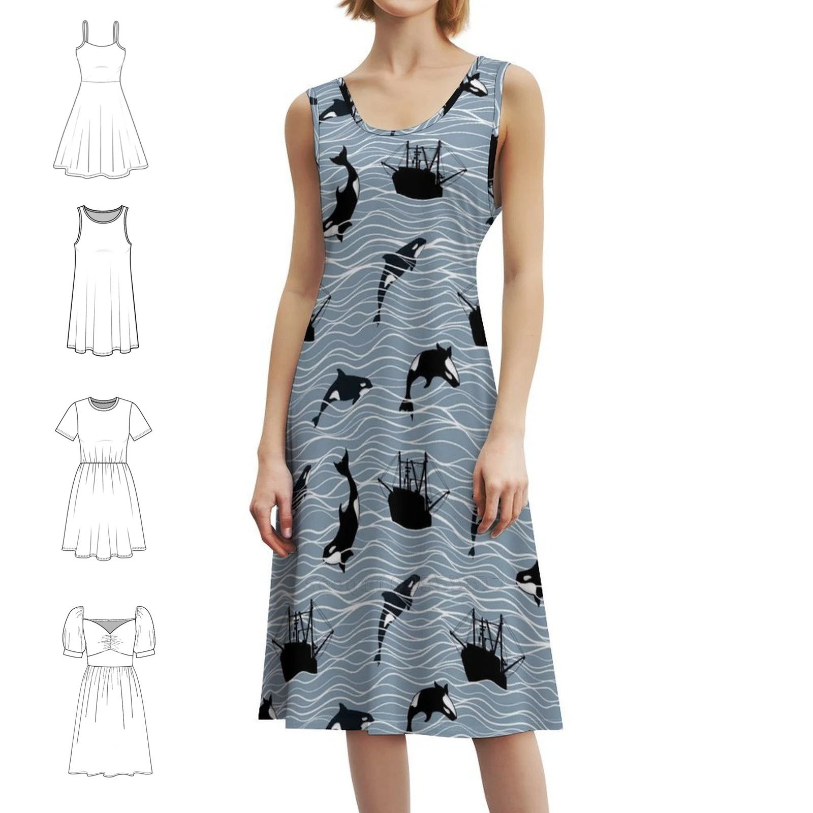 فستان على شكل حيتان وقوارب على شكل قلب فستان أنيق للحفلات الصيفية للنساء نمط قارب الحوت القاتل Orca #1