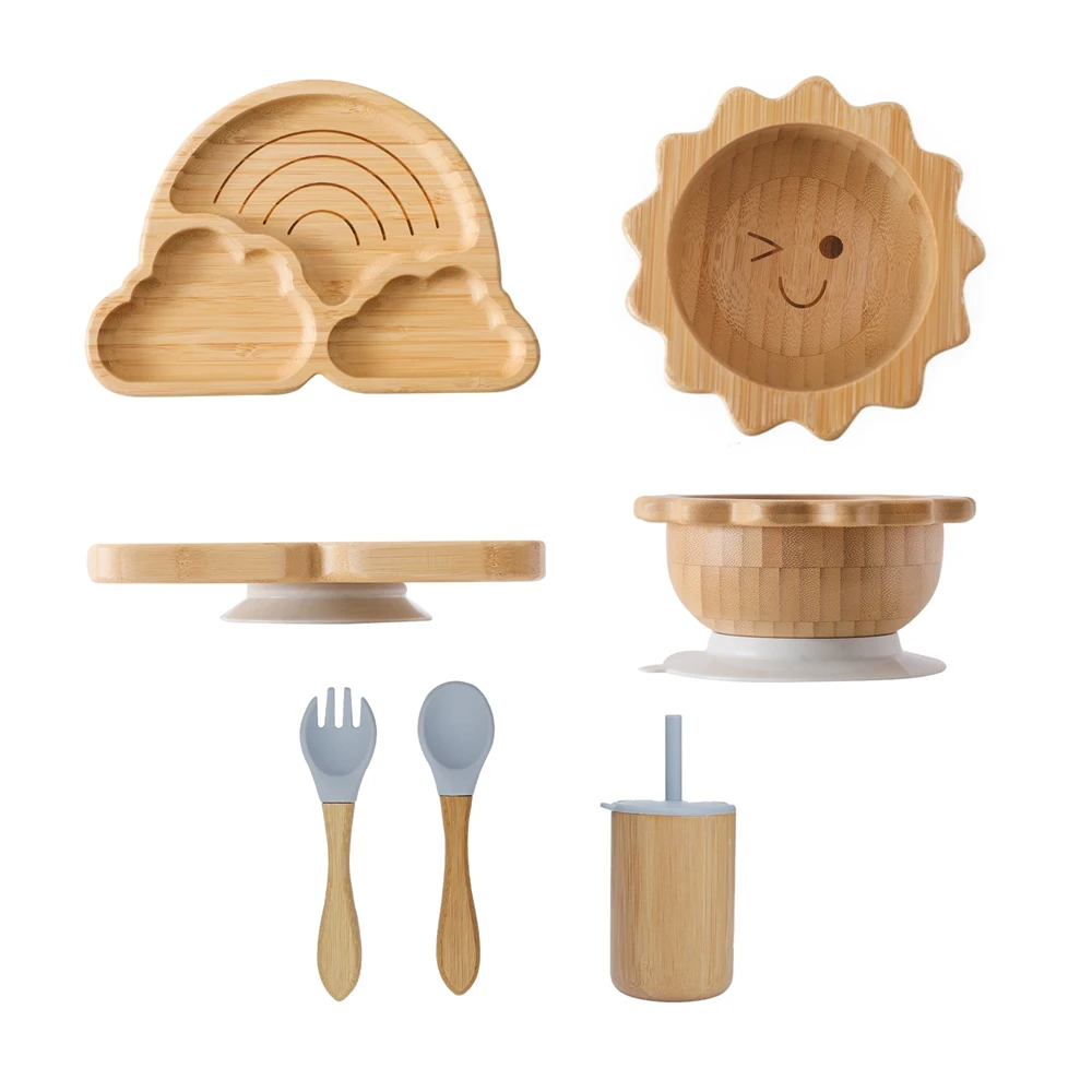 Baby Bamboo Wooden Feeding Tableware Set Children Rainbow Dinner Plates With Suction Bowls Cups Infant Baby Tableware Set Gifts