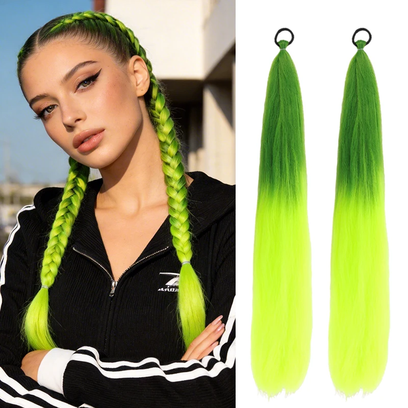 

Двойной набор плетеных накладных хвостов из синтетического волокна с градиентным зеленым омбре и резинкой для волос, двухцветные хвосты для женских причесок