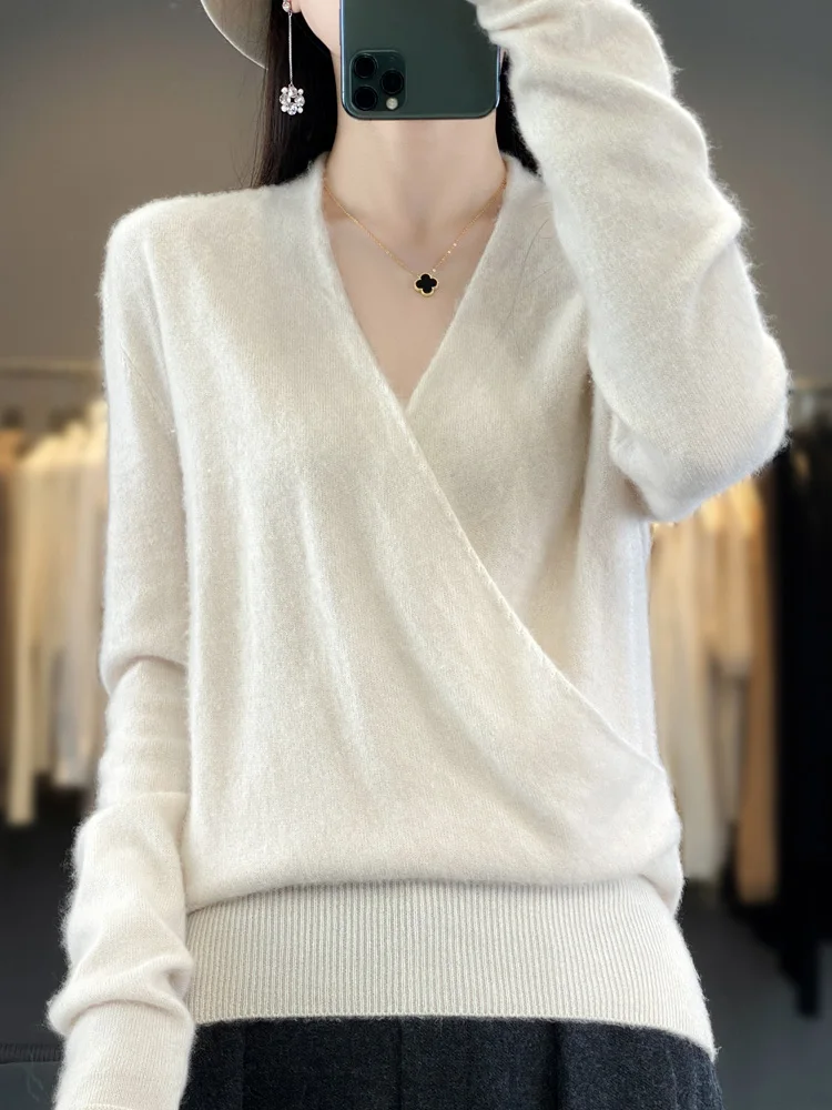 New Spring Summer 100% Pure Wool Sweater For Women V-neck Long Sleeved Criss-Cross Solid Color Pullover Higt-Quality Clothing