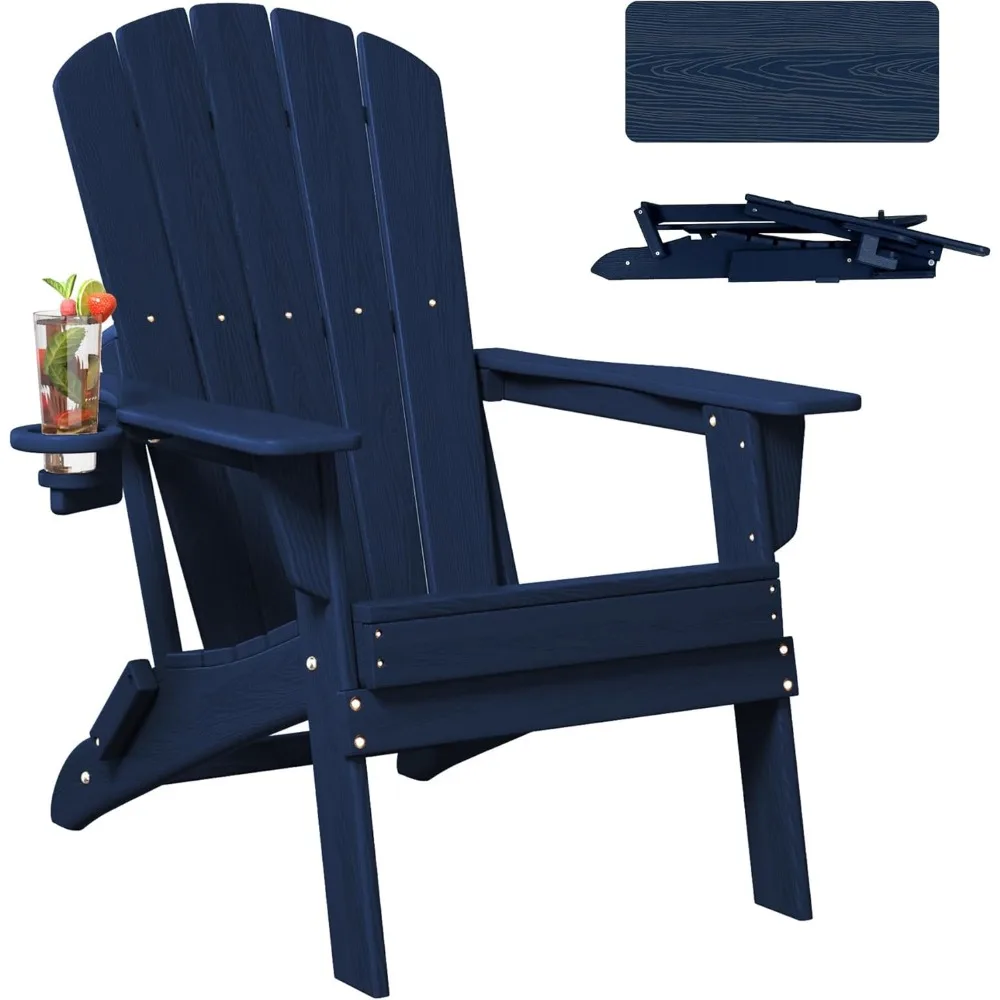 Folding Adirondack Chair - Extended Ergonomic Backrest, Cup Holder - Easy Assembly - Durable HDPE Plastic, Weather Resistant & M