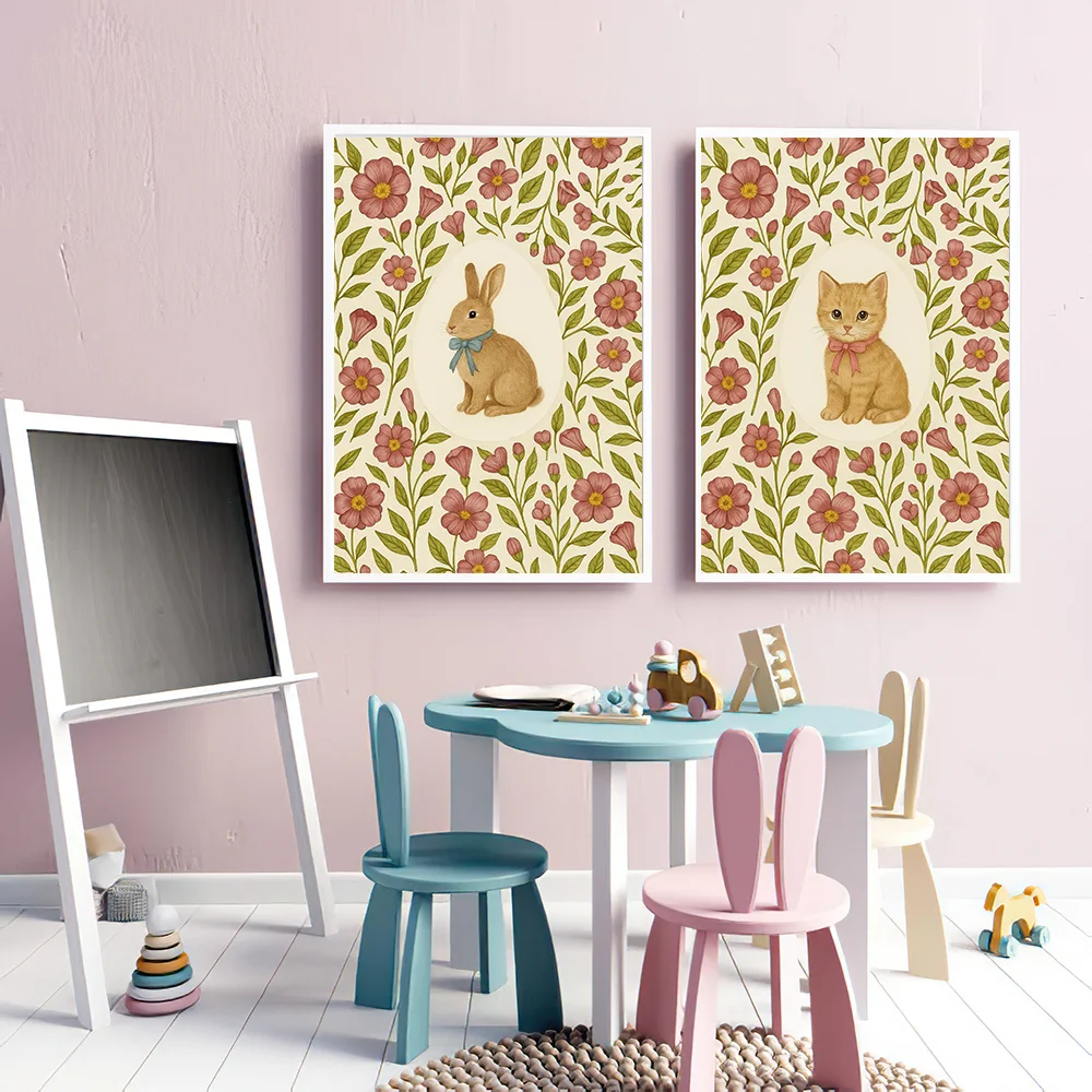 Cute Animal Floral Canvas Poster, Frameless Kids Room Wall Art Print, Vintage Farmhouse Style Home Decor, Living Room Wall Decor