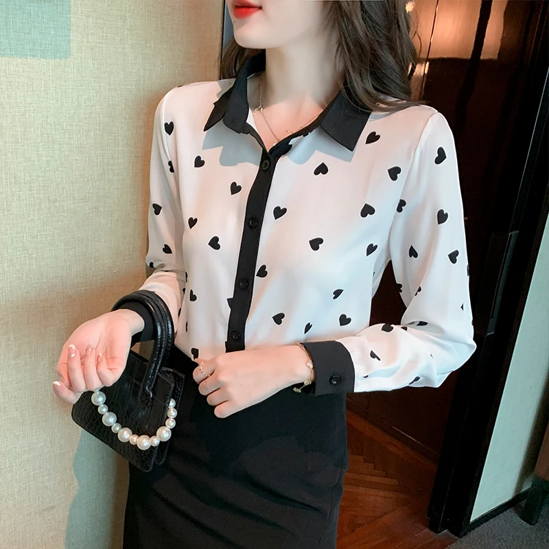 2022 Autumn New Korean Printing Long Sleeve Office Lady Chiffon Shirt Casual Fashion Women's Top