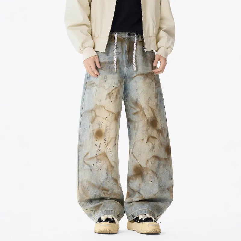 

Модные мужские джинсы в американском стиле, винтажные, с эффектом потертости, свободного кроя, прямые штанины, с завязками, шикарные джинсовые брюки