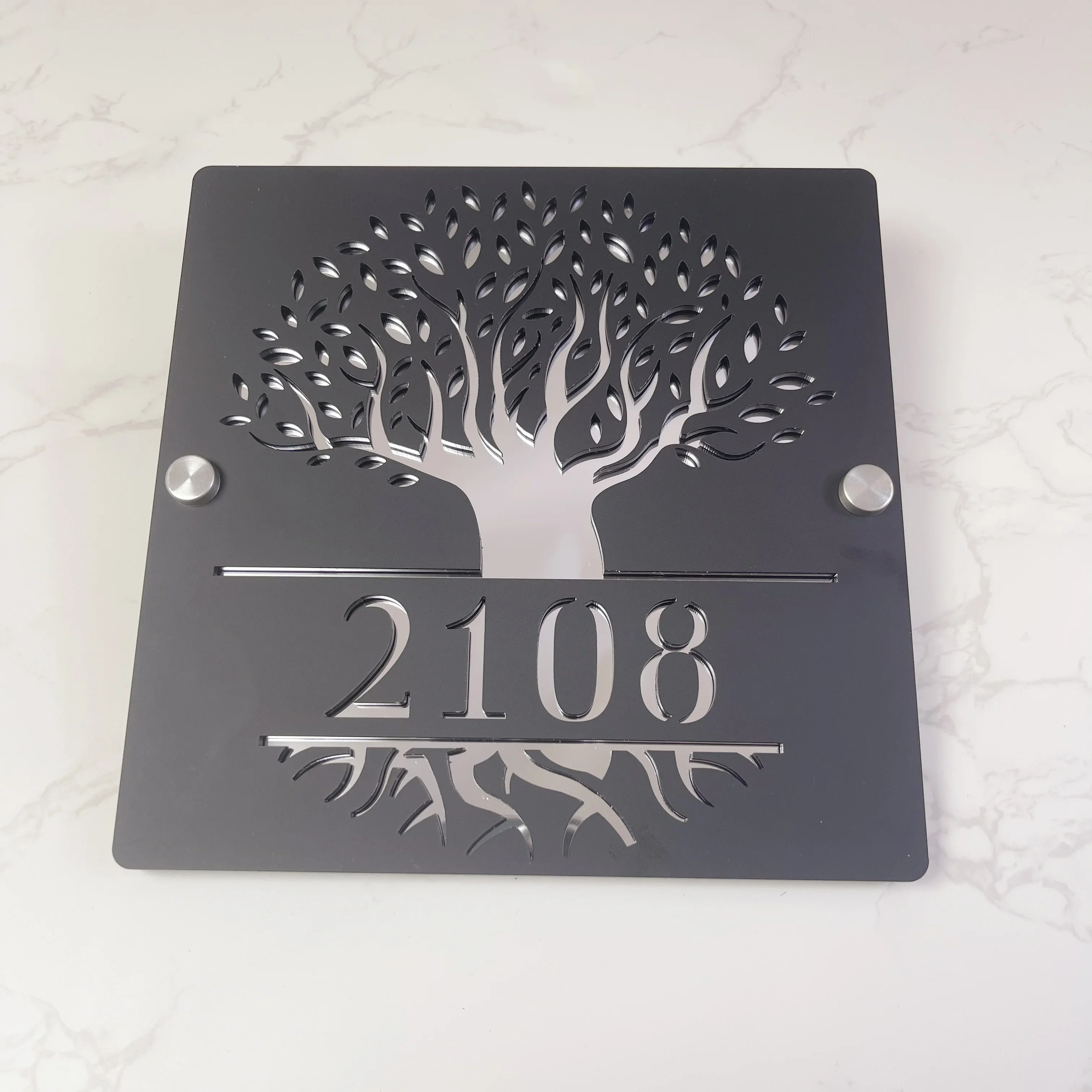 Personalized Tree of Life House Number Sign Modern Laser Acrylic Address Plaque Floating Outdoor Waterproof Mounted Home Decor