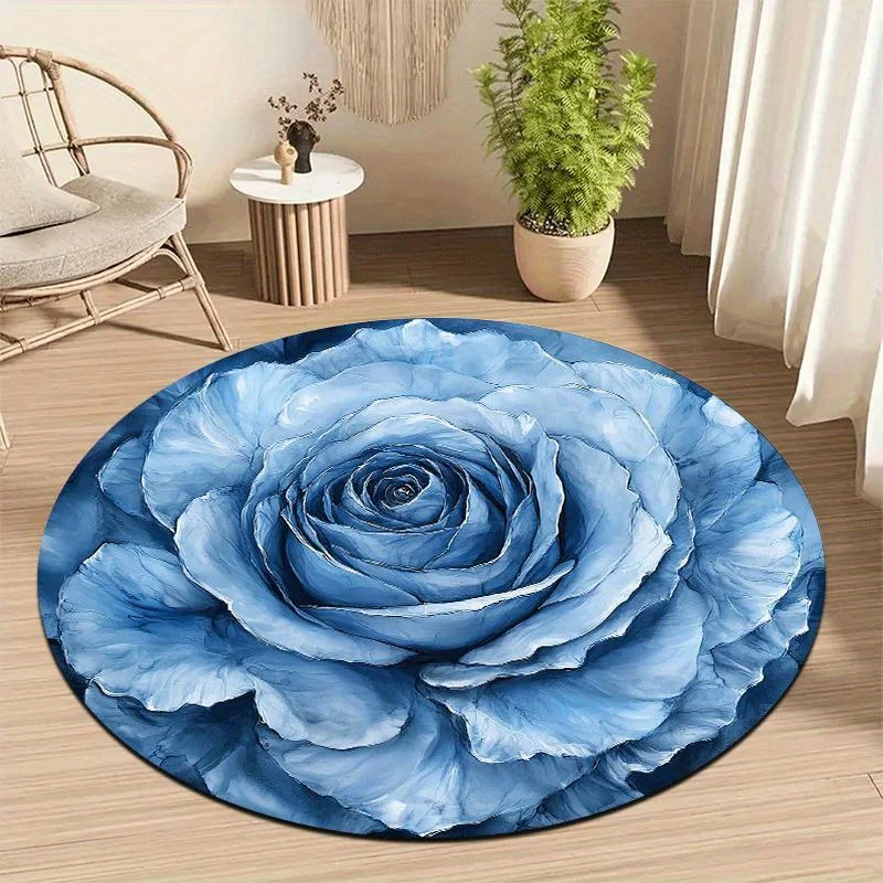 Blue Rose Round Mat – Soft Blue & White Petals with Turquoise Center, Non-Slip, Machine Washable Plush-Like Floor Rug