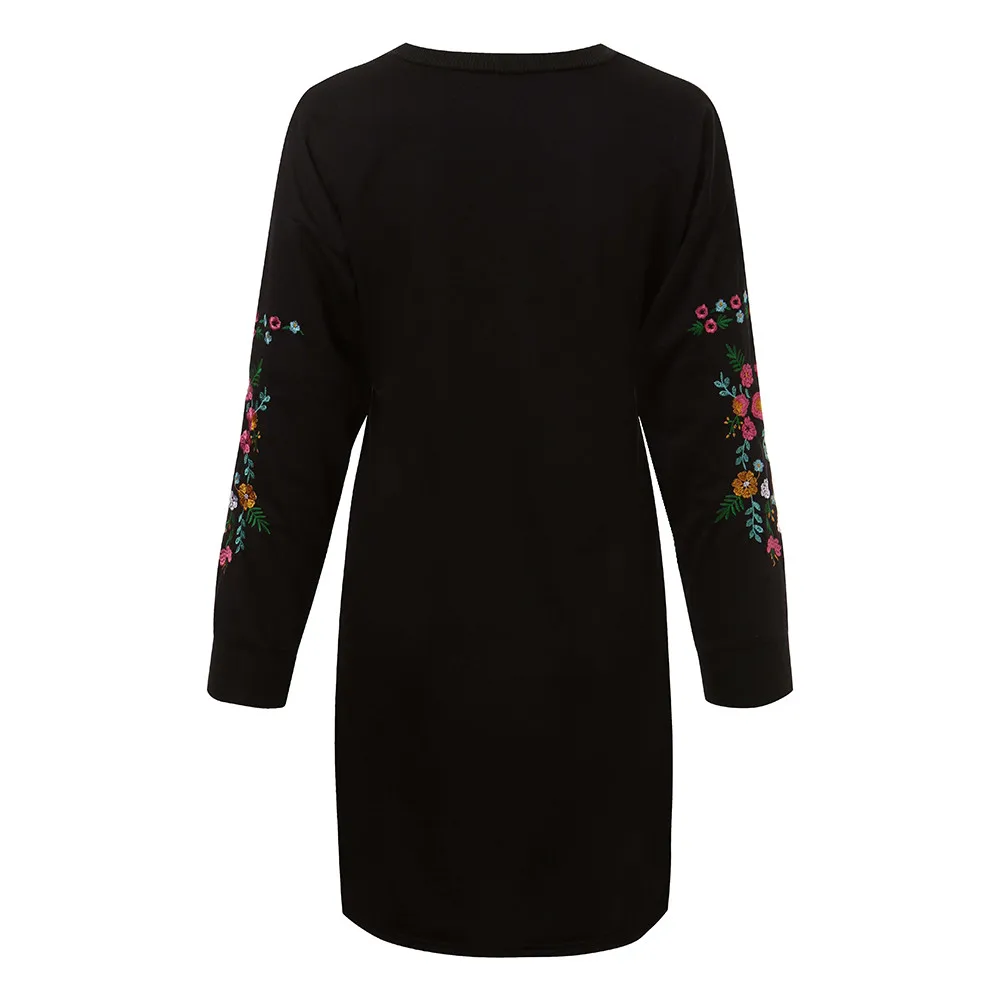 Autumn Winter Women Long Sleeves Dress Floral Embroidery Round Neck Sweatshirt Casual Loose Solid Warm Ladies Short Vestidos