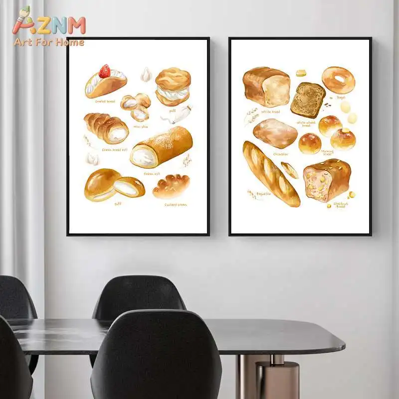 AZNM Watercolor Bread Pastry Wall Art Canvas Print Unframed Macaron Cake Donut Croissant Bakery Food Illustration Poster Modern