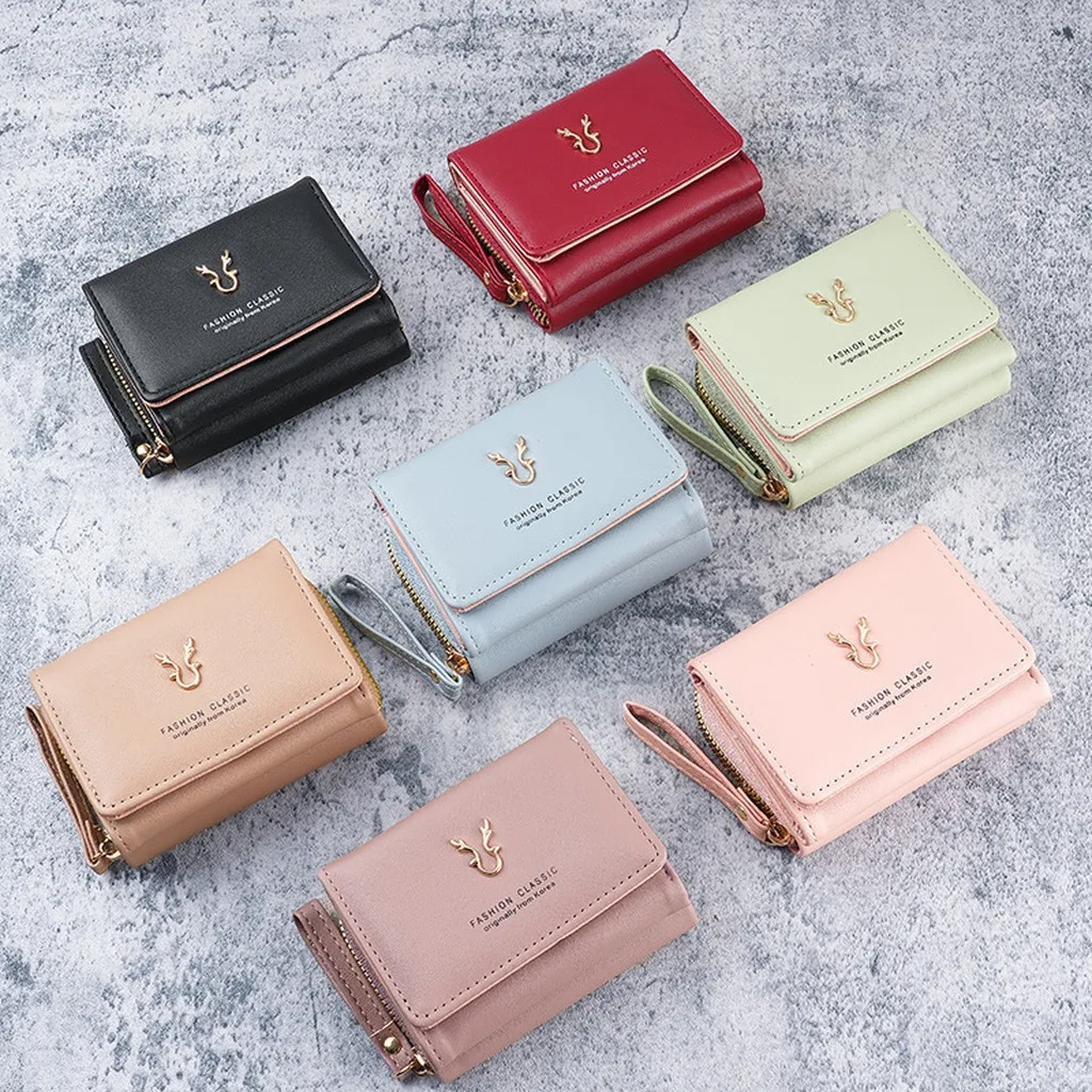 Cute Short Wallet for Women Trifold PU Leather Coin Purse Metal Decor Card Holder Small Compact Money Bag Ladies Clutch