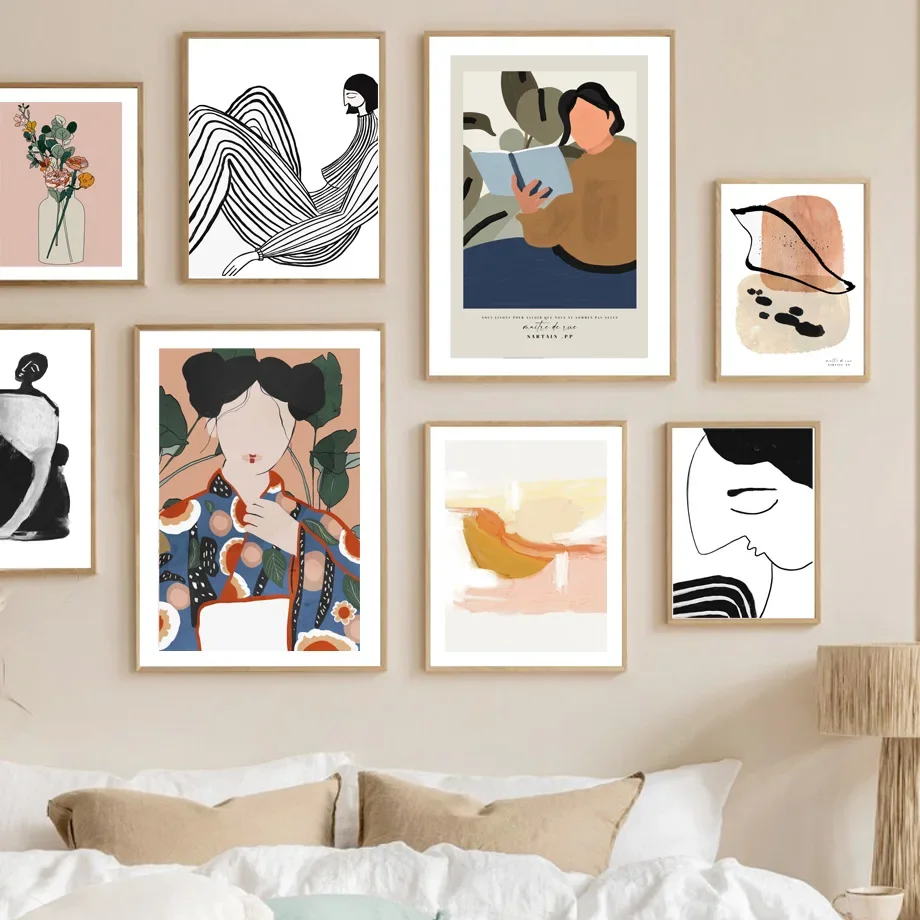 Kimono Girl Reading Abstract Curve Stripe Wall Art Canvas Painting Nordic Posters And Prints Wall Pictures For Living Room Decor