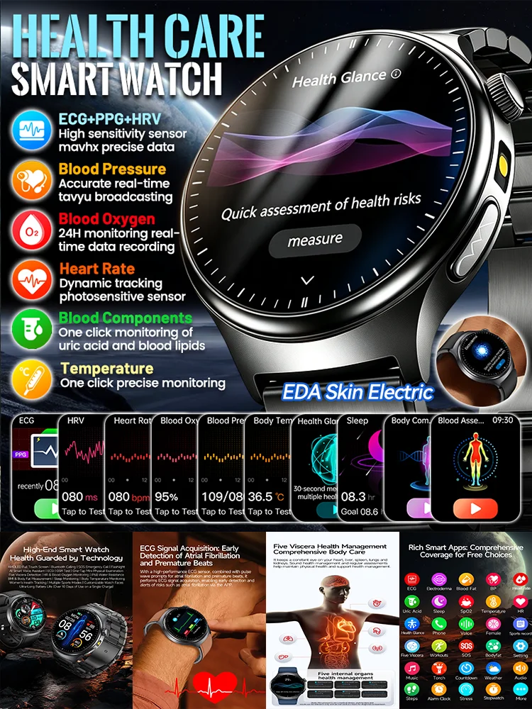 Neue Smartwatch für die Gesundheitsvorsorge für Männer, EDA, Leder, elektrisch, EKG+HRV+PPG, Harnsäure, Blutfette, Blutdruck, Temperatur, Herzfrequenz, fünf Organe, Ein-Klick-Untersuchung,
