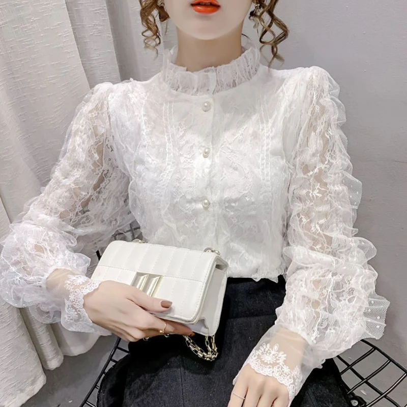 Women Mesh Lace Beaded Chic Fairy Shirts Autumn Fashion Vintage Stand Collar Elegant Blouses Black White Long Sleeve Tops Blusas