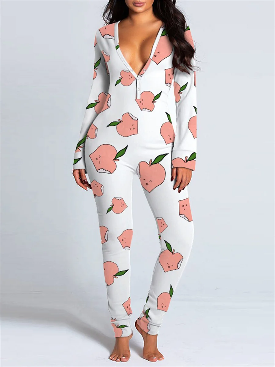 2024 Valentine\'s Day Sleepwear Jumpsuit Long Sleeve Butt Flap Romper Women V-neck Heart Letters Print 1 Piece Lounge Nightwear