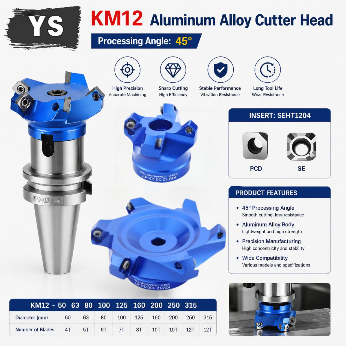 KM12 50 63 SE12 Aluminum Milling Cutter Head Matched and Inserted SEHT1204 Matching FMB FMB22 FMB27 Tool Holder Bracket Tool