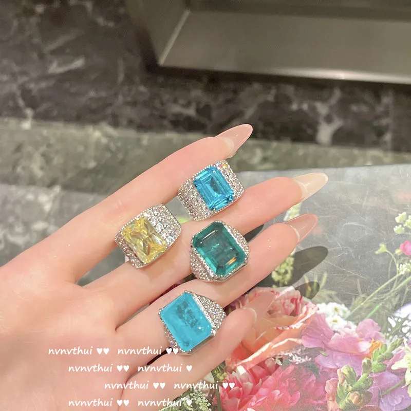 Luxury Square Cut Paraiba Tourmaline Zirconia Wedding Ring Silver Color Women\'s Engagement Bridal Rings Trend Jewelry