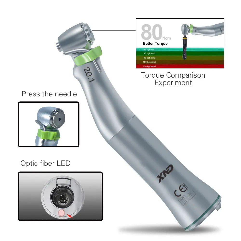 XND Dental 20:1 Reduction Speed Implant Surgery Contra Angle Handpiece with Fiber Optic E-type Connect Drill for Implant Motor
