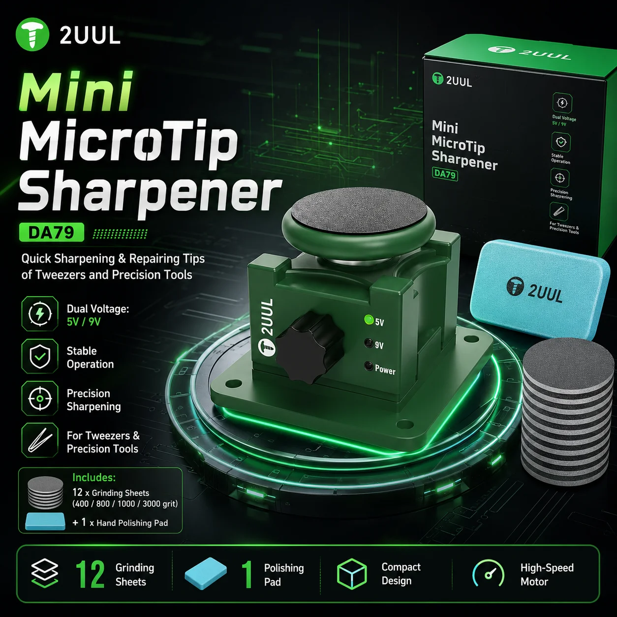 2UUL DA79 Mini MicroTip Sharpener Electric Grinder with 12 Grinding Sheets Polishing Pad for Tweezer Tip Precision Tool Repair