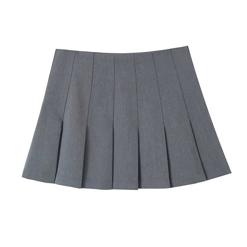 YENKYE Women Gray Wide Pleated Short Skirt Vintage High Waist Side Zipper Mini Skirt faldas mujer