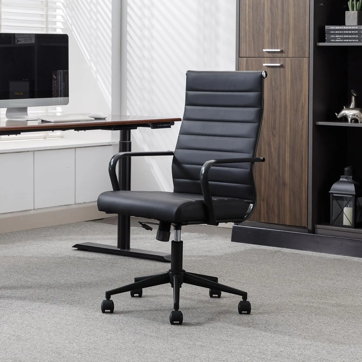 Leather Office Desk Chair, Conference Room Chairs Executive Chair Ribbed, Ergonomic Height Adjustable Swivel Rolling Cha