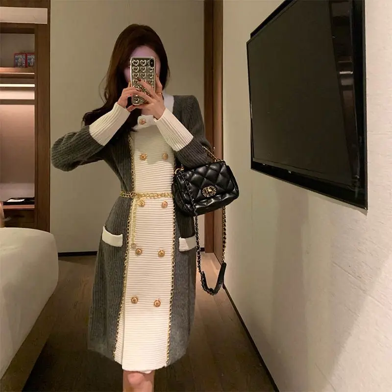 

2025 Fall Winter French Chic Knitted Boucle Dress Women Elegant Layered Midi Dress Heiress Style Base Layer Office Luxe Outfit
