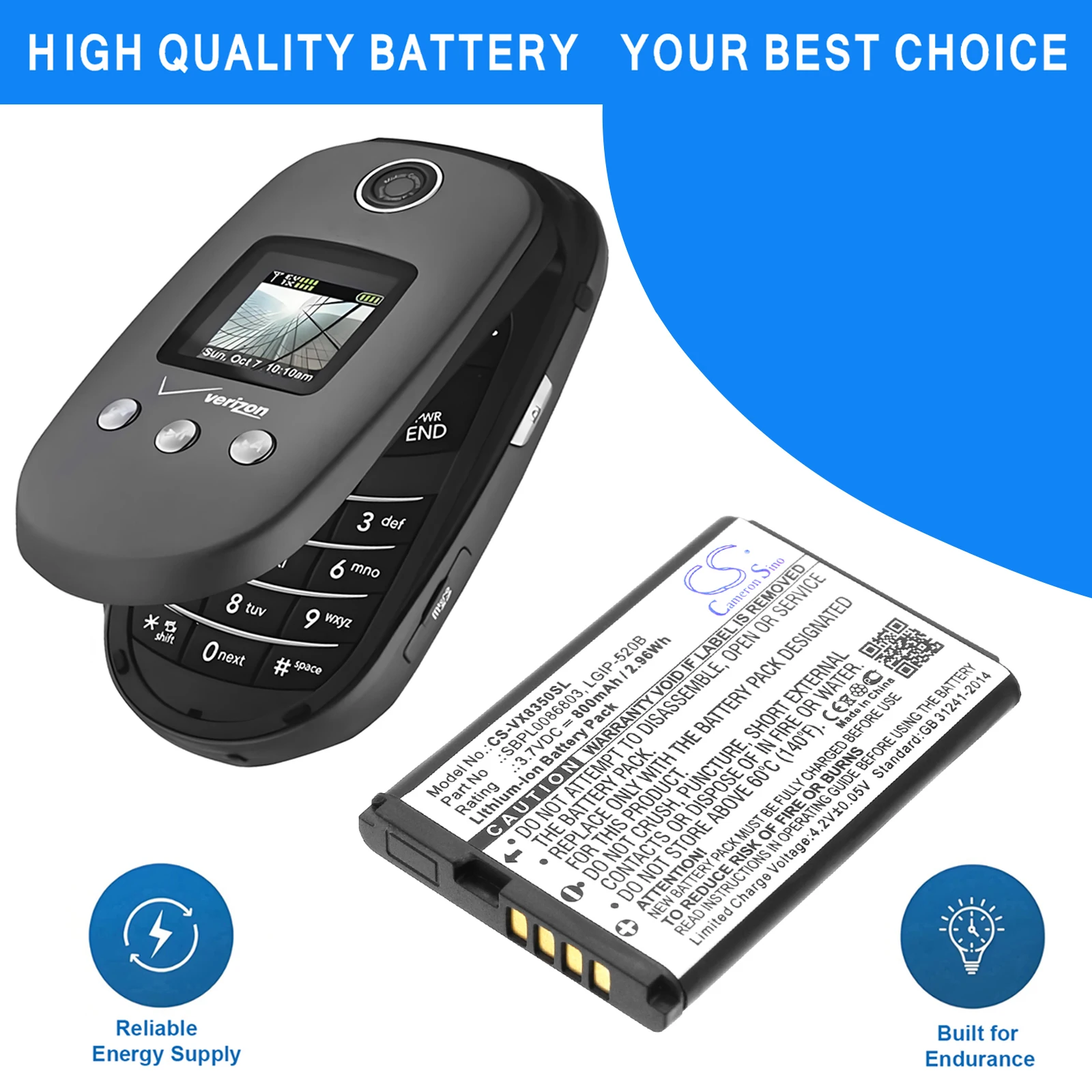 CS Replacement Battery for LG VX8350,VX5200,VX5400,VX5500,Helix,AX310,UX310,VX8360,LX400,LN180,M PN:LGIP-520B 800mAh / 2.96Wh
