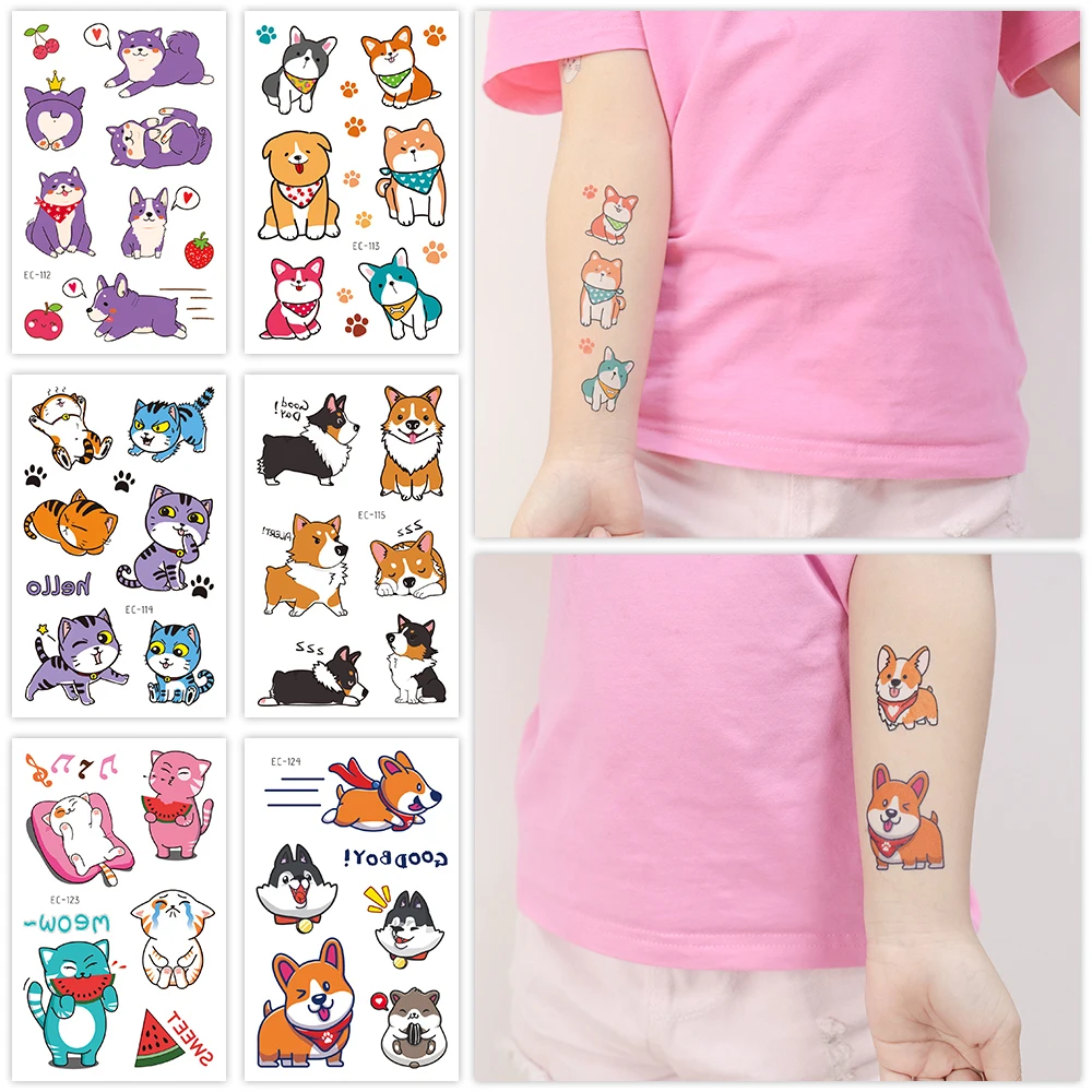 VeeCharm-Tatuagem Temporária de Gato e Cão para Crianças, Bonitos Tatuagens Falsas, Animais Desenhos Animados, Fontes De Festa De Aniversário, Presentes, 1/24 Folha