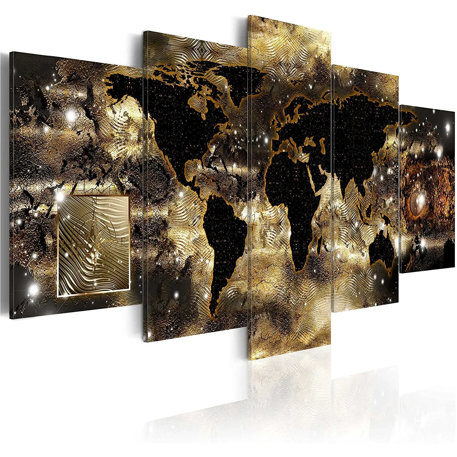Lienzo sin marco, 5 paneles, mapa del mundo, brújula dorada, continentes de bronce, carteles artísticos decorativos de pared, imágenes, pinturas para decoración del hogar