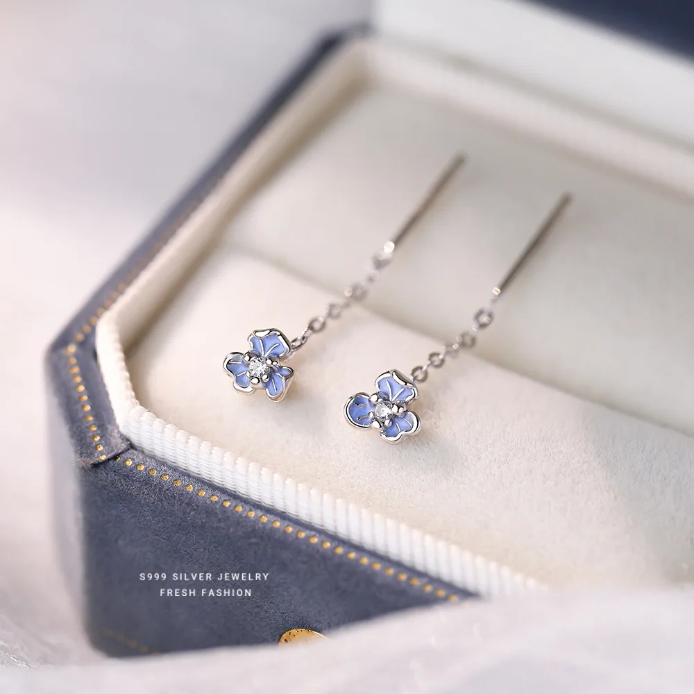Drip Glue Blue Iris Flower Earrings Women's 999 Sterling Silverr Korean Version Fashionable Zircon Ear Line Tassel Earrings