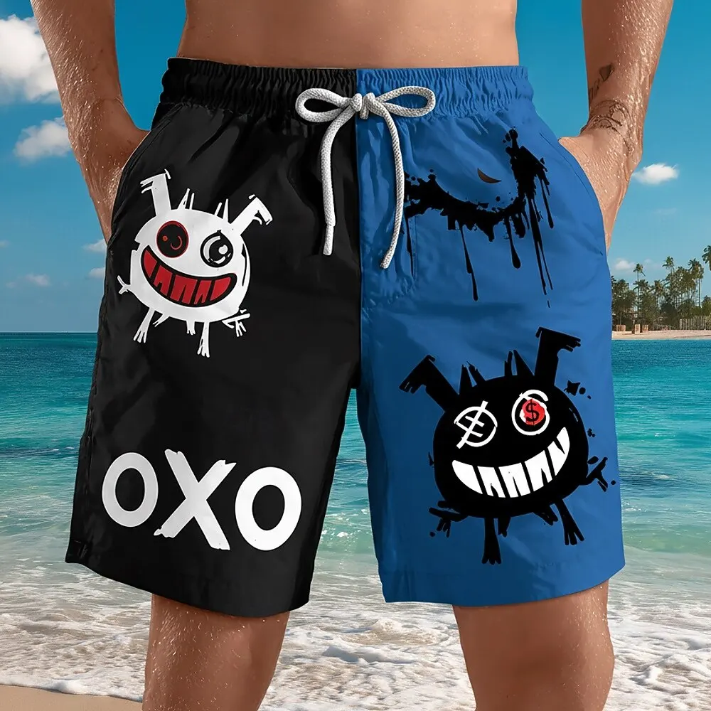 Men's Cartoon Smile Face Color Block Casual Shorts Mid Waist Retro Drawstring Waist Side Pockets Outdoo Wear for Summer