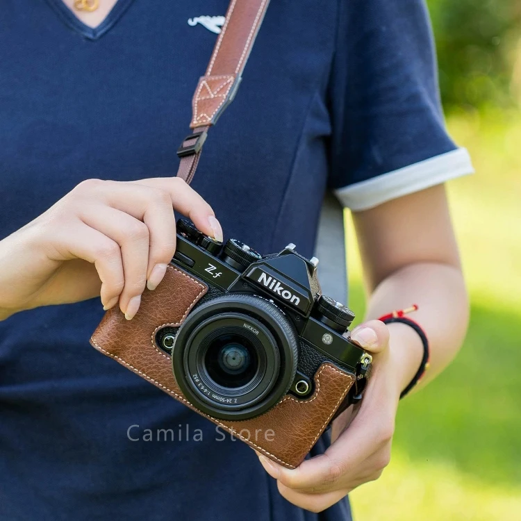 Ręcznie wykonany aparat fotograficzny Litchi ziarno antypoślizgowe ze skóry PU etui na obudowę NIKON Z-F ZF ochronna podstawa z otwartym akumulatorem