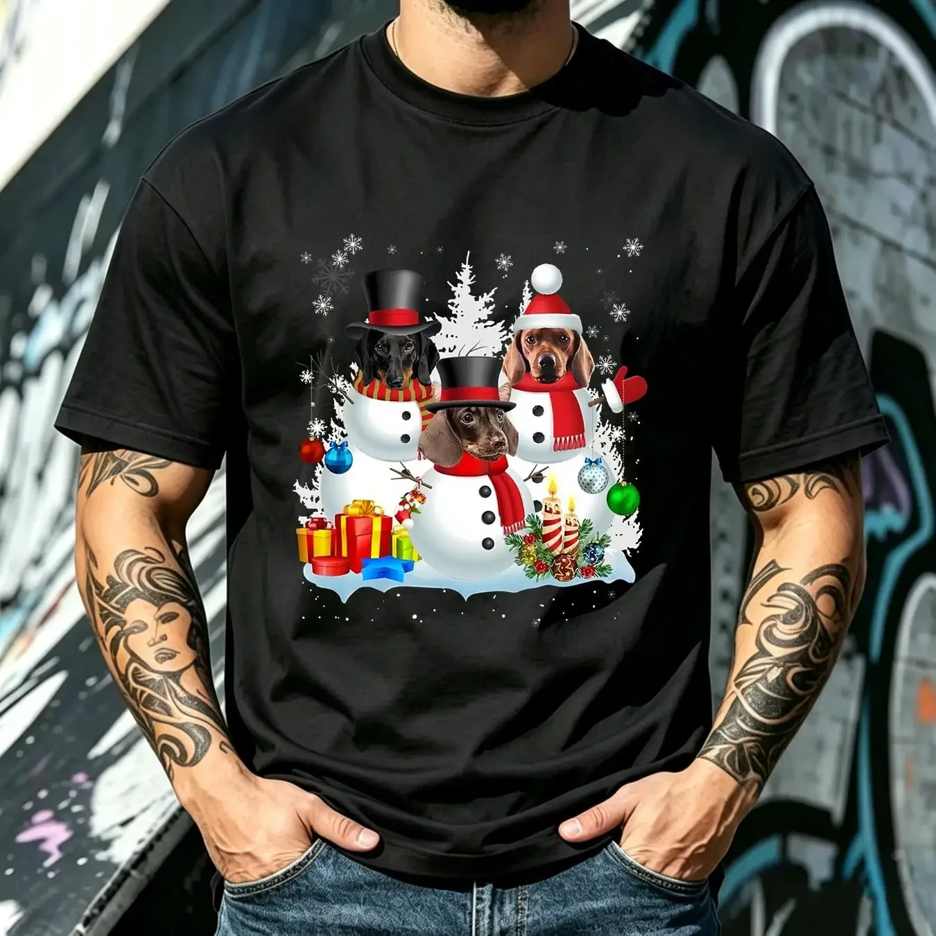 washed T Shirt Cute Dachshunds In Snowmans Christmas Dog Lover S 4XL vintage Washed Slightly streetwear Stylish Stretched
