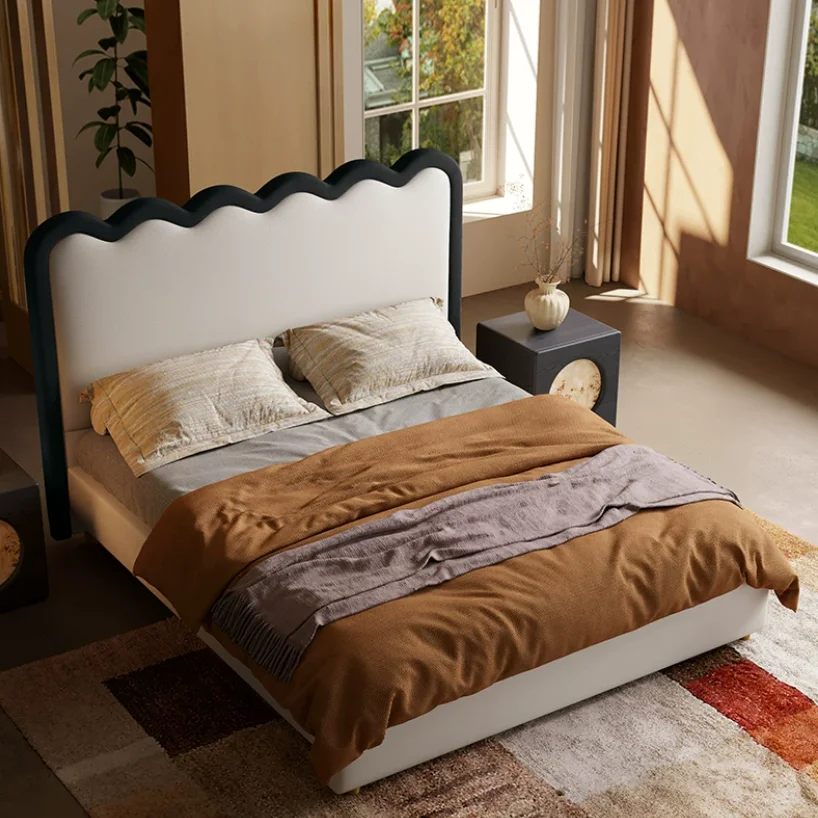 #French Retro Ripple Bed, Antique High-end Fabric Master Bedroom Double Bed, Soft Package Solid Wood Double Bed With Cream Style
