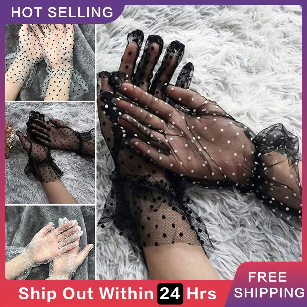 

Spring Summer Women Gloves White Black Dot Weeding Gloves Elegant Lady Stretchy Sexy Lace Short Tulle Full Finger Mittens