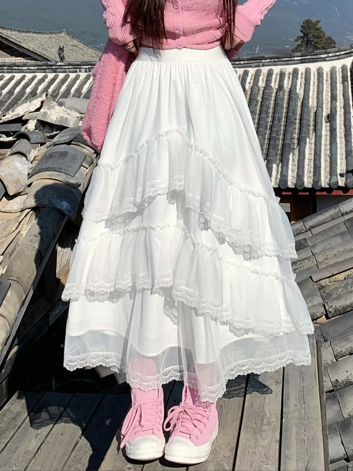 

Юбка Sweet Cake Skirt, длинная, А-силуэта, с кружевной сеткой, асимметричного дизайна, для женщин, с высокой талией, из полиэфирного волокна.