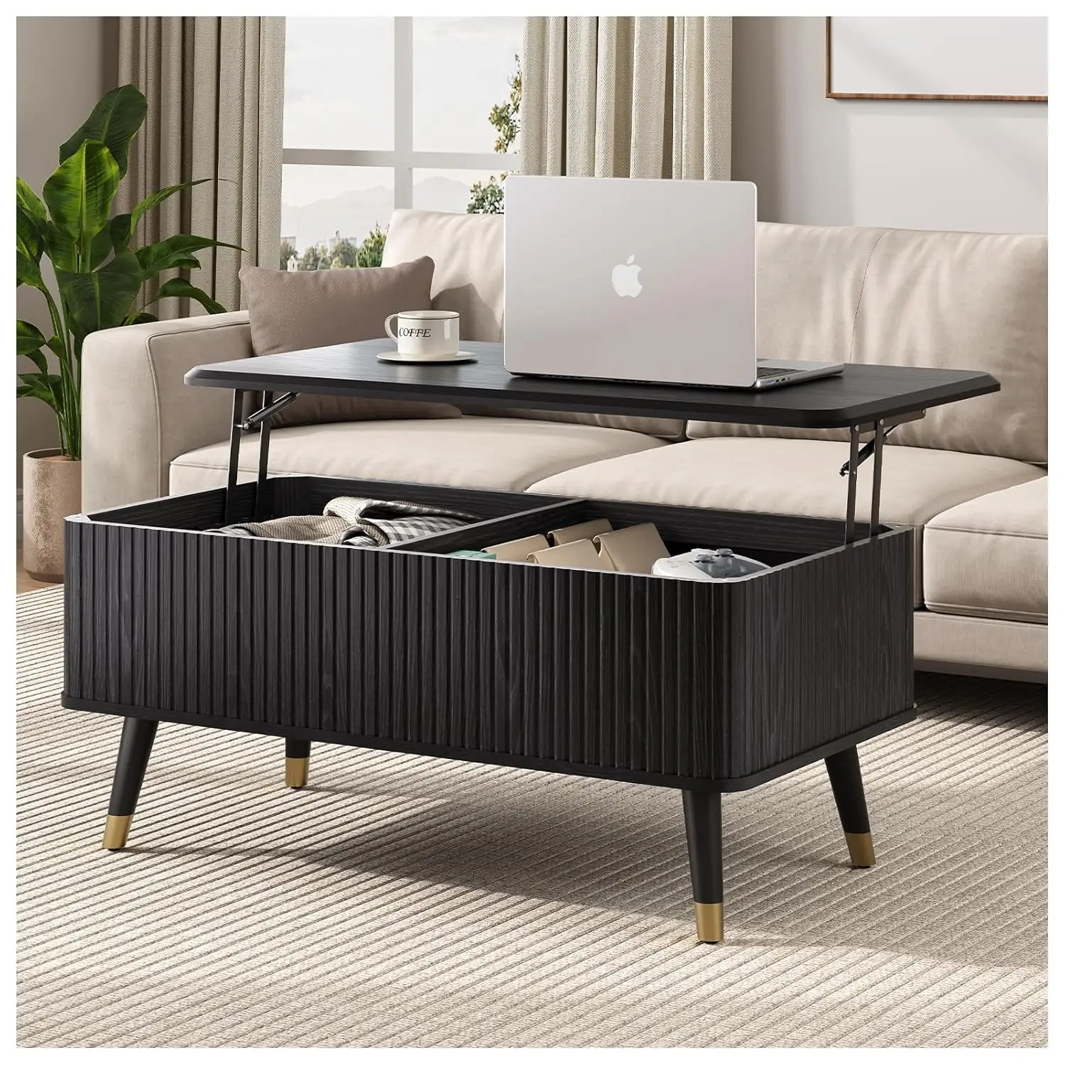 

Журнальный столик-трансформер с подъемной столешницей и отсеком для хранения, современный черный рифленый дизайн, скрытое отделение, на заказ