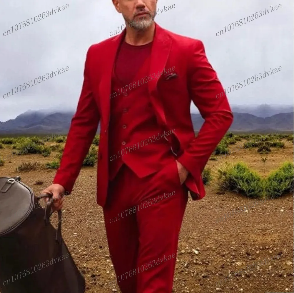 

New Red Men Suit Business Prom Party Groom Groomsman Wedding Formal Occasion Tuxedos 3 Piece Set Jacket Vest Pants
