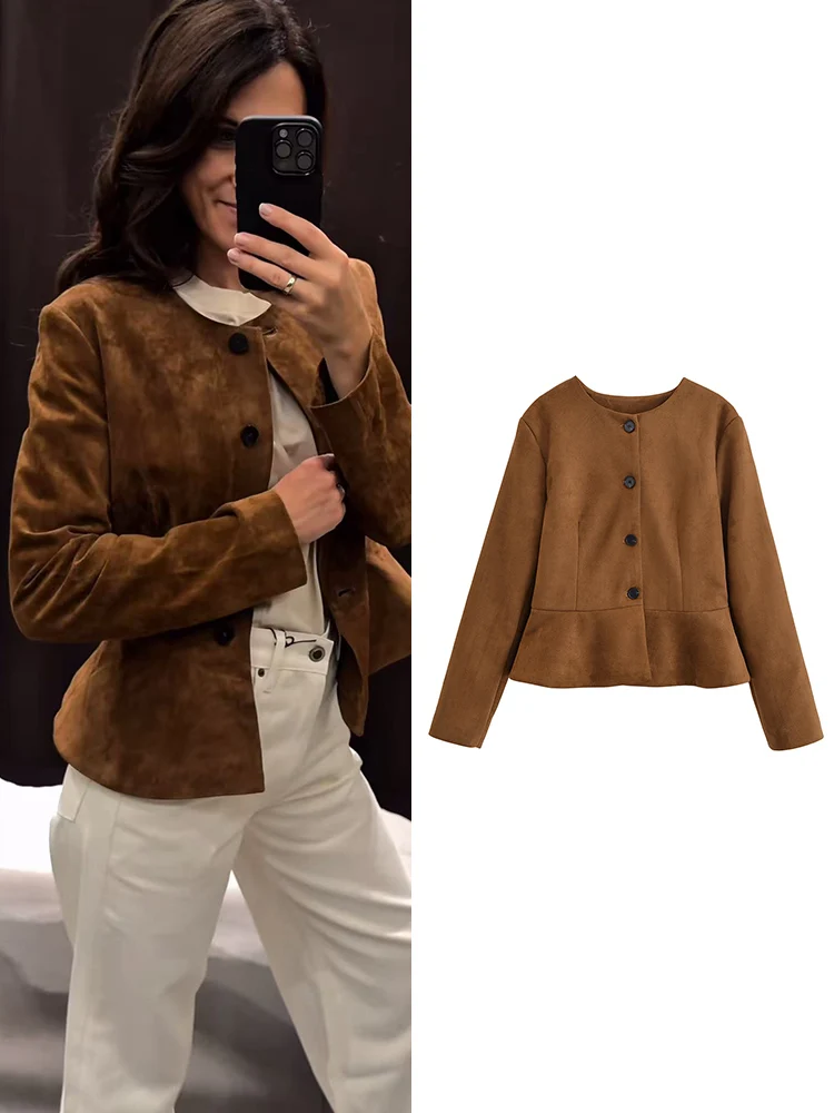 

2025 Suede Jacket For Women Chic Skirt Hem Design Bomber Jackets New Round Neck Long Sleeve Women's Autumn Winter Jacket