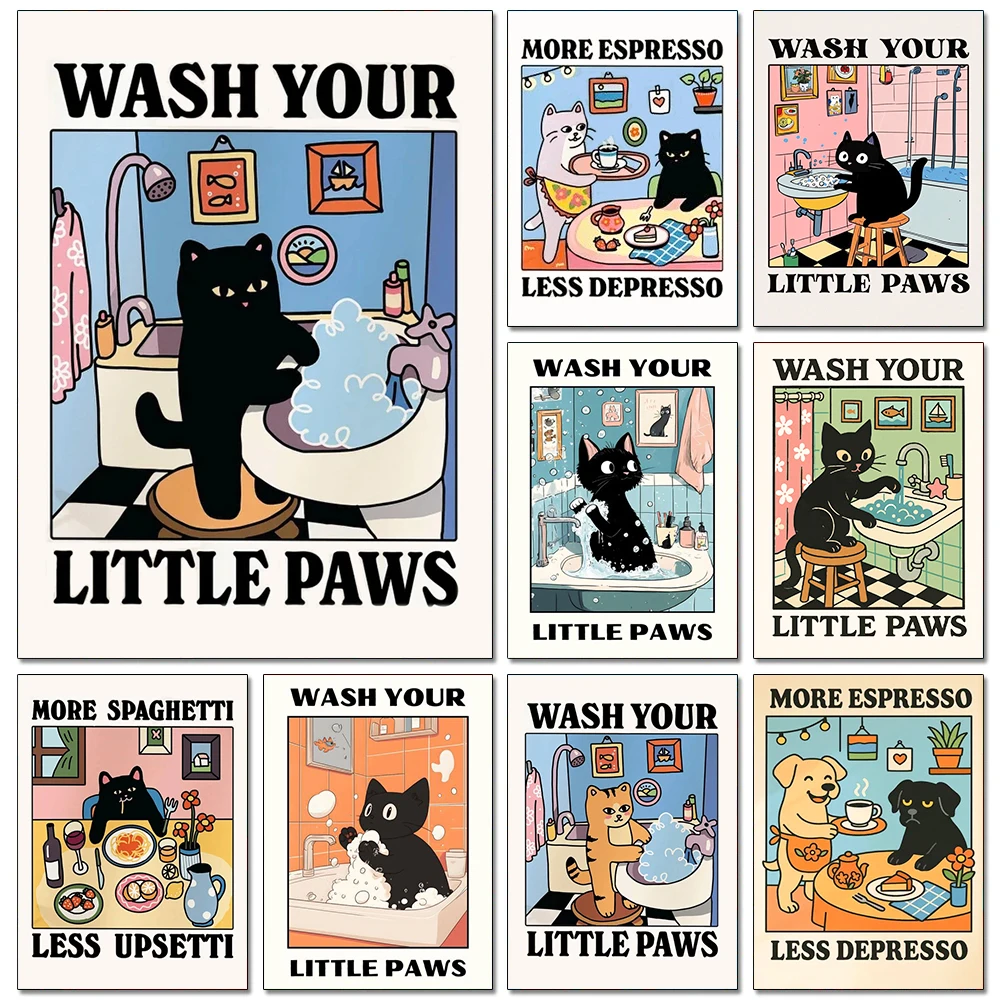 DIY baño gato negro diamante arte pintura imagen de dibujos animados taladro completo mosaico bordado punto de cruz Kit sala de estar decoración del hogar